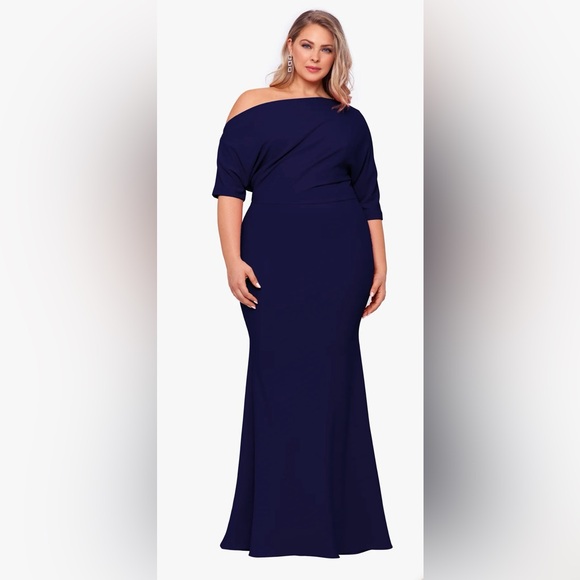 Betsy & Adam Off the Shoulder Navy Fit and Flare Dress - mordernwear.com